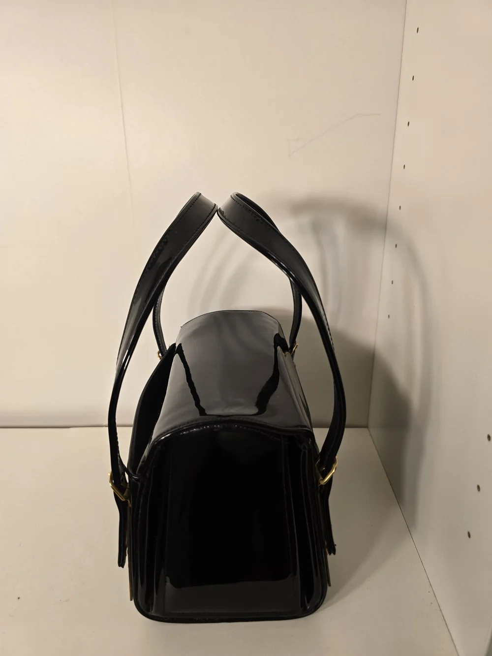 Vintage Black Patent Structured Box Handbag with Dual Handles